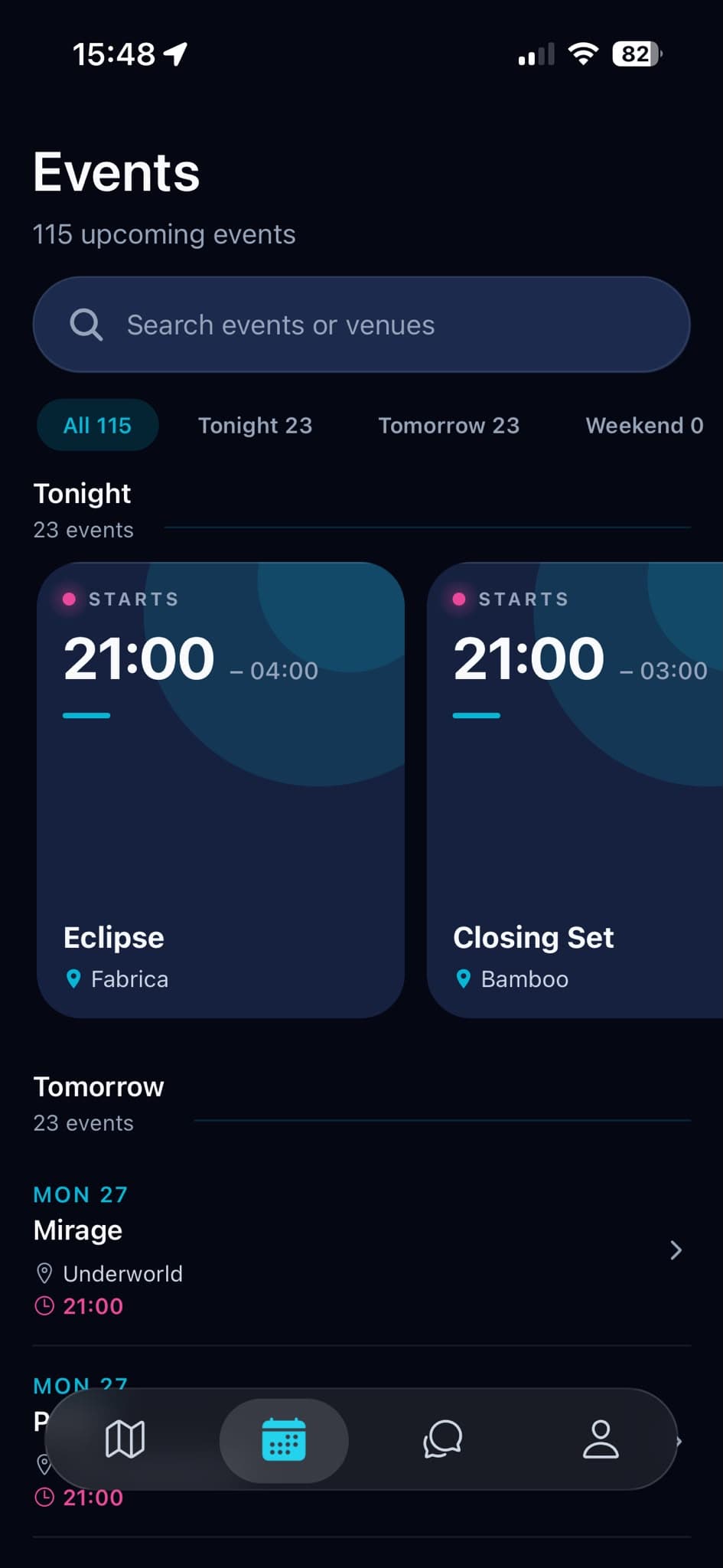 HeatMap app showing current and upcoming events